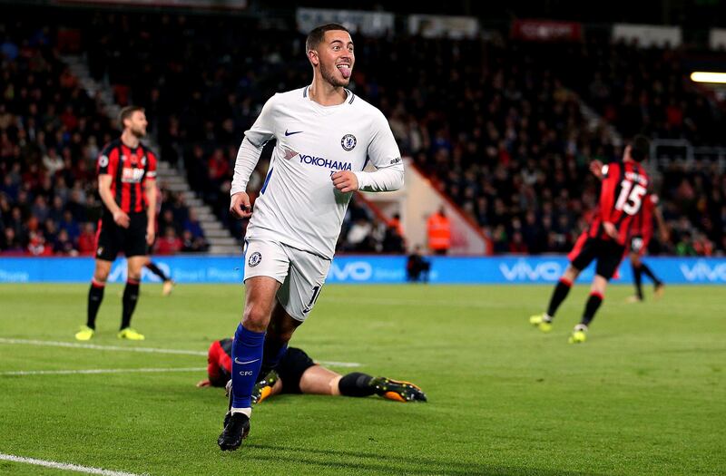 Chelsea's Eden Hazard celebrates scoring his side's first goal of the game during their English Premier League soccer match against AFC Bournemouth at the Vitality Stadium, Bournemouth, England, Saturday, Oct. 28, 2017. (Steven Paston/PA via AP)