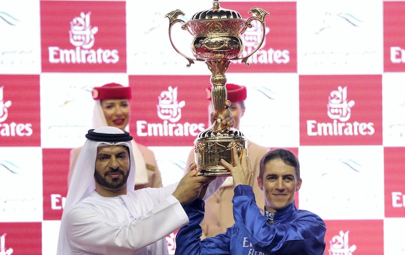 Dubai, United Arab Emirates - March 17, 2019: Thunder Snow ridden by Christophe Soumillon trained by Saeed bin Suroor (L) wins the Dubai World Cup during the Dubai World Cup. Saturday the 30th of March 2019 at Meydan Racecourse, Dubai. Chris Whiteoak / The National