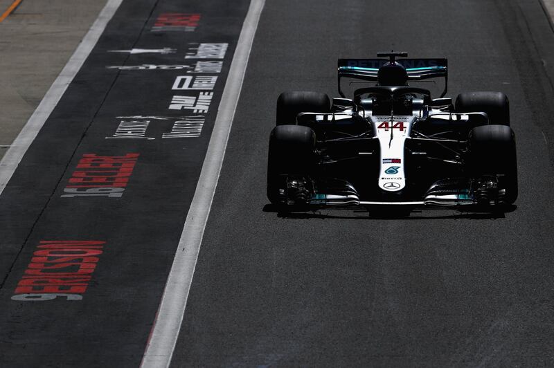 NORTHAMPTON, ENGLAND - JULY 07: Lewis Hamilton of Great Britain driving the (44) Mercedes AMG Petronas F1 Team Mercedes WO9 in the Pitlane during qualifying for the Formula One Grand Prix of Great Britain at Silverstone on July 7, 2018 in Northampton, England.  (Photo by Mark Thompson/Getty Images)