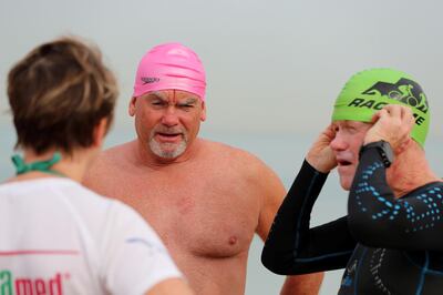 Dubai, United Arab Emirates - Reporter: Nick Webster: Tom Lynch and Ralph Joyce (R). The first 24km swim round the world islands will take place in November. A team of swimmers are doing a trial 5 km event to Antarctica on April 3, setting off from Dubai Offshore Sailing Club. Saturday, March 14th, 2020. Jumeirah, Dubai. Chris Whiteoak / The National