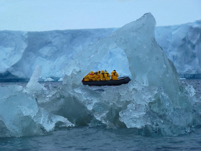 Inflatable zodiac boats transport voyagers from the cruise ship to the mass of ice that is land. Photo by Carol Cotterill 