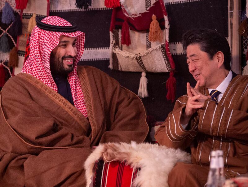 Crown Prince Mohammed bin Salman meets with Mr. Abe during a meeting in Riyadh.