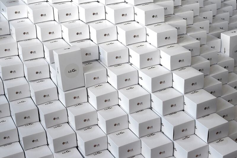 A stack of new LG G4 phones at One World Trade Center in New York City.  Timothy Clary / AFP