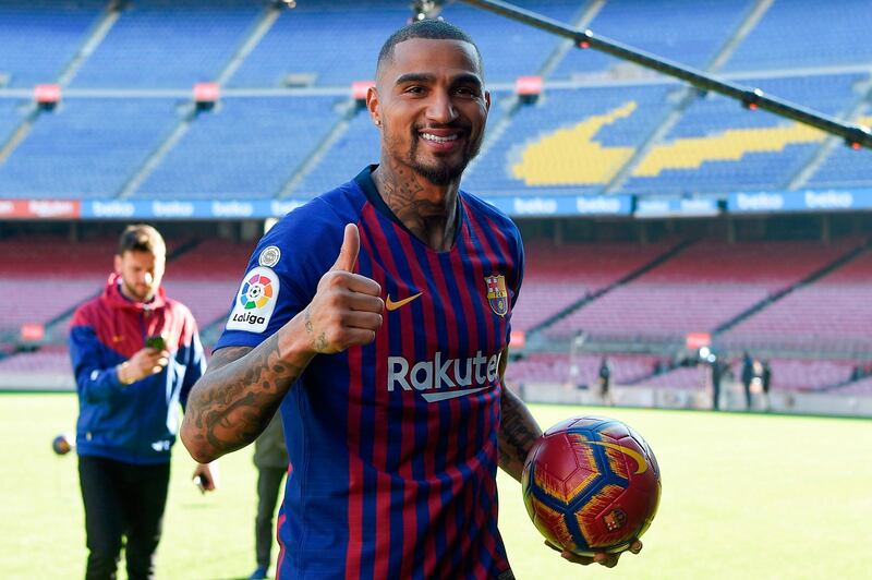 Barcelona's new Ghanaian forward Kevin-Prince Boateng gives a thumbs-up. AFP