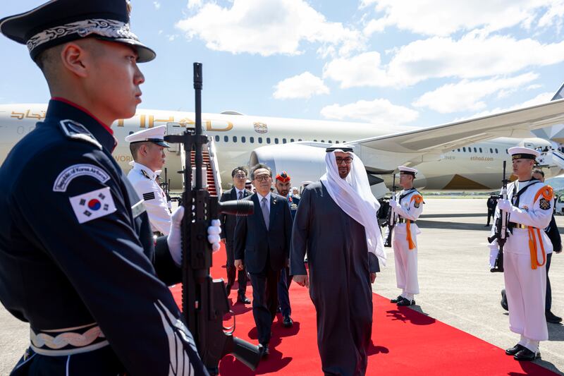The President has arrived for a two-day state visit, before travelling for a state visit to China on Thursday. Photo: Abdulla Al Neyadi / UAE Presidential Court