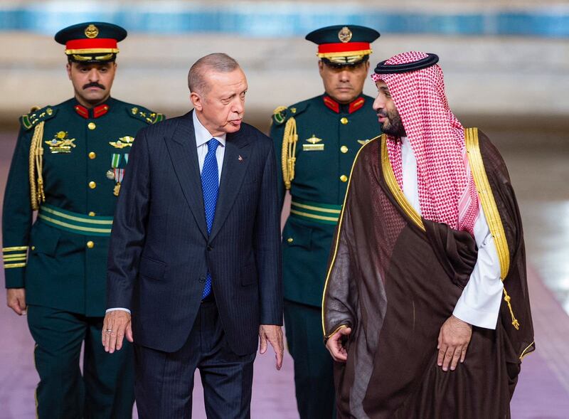 Prince Mohammed welcomes Mr Erdogan to Jeddah. Reuters