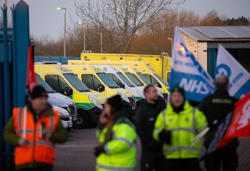 Striking ambulance workers outside Fazakerley Ambulance Station in Liverpool. EPA