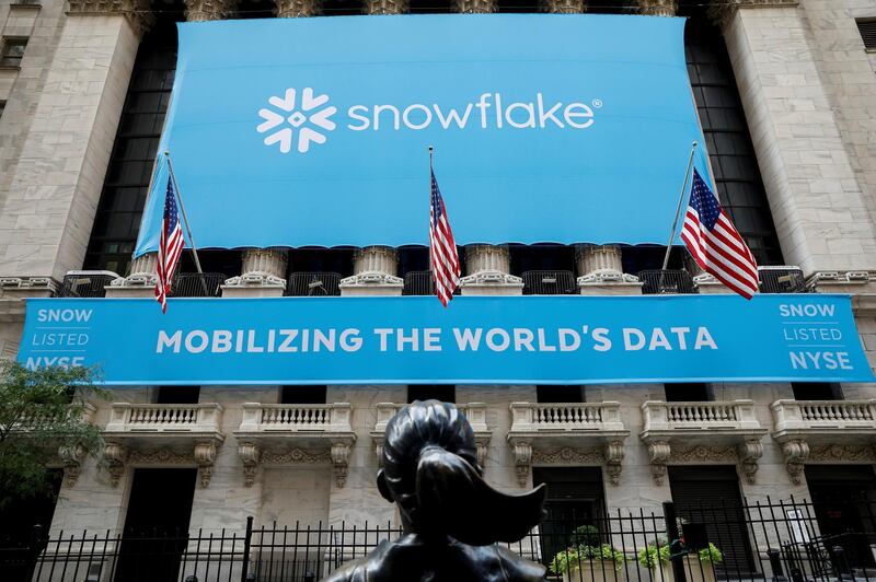 A banner for Snowflake Inc. is displayed celebrating the company's IPO at the New York Stock Exchange (NYSE) in New York, U.S., September 16, 2020. REUTERS/Brendan McDermid