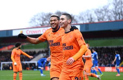 ROCHDALE, ENGLAND - JANUARY 04: Miguel Almiron of Newcastle United celebrates with teammate Joelinton after scoring his team's first goal during the FA Cup Third Round match between Rochdale AFC and Newcastle United at Spotland Stadium on January 04, 2020 in Rochdale, England. (Photo by Laurence Griffiths/Getty Images)