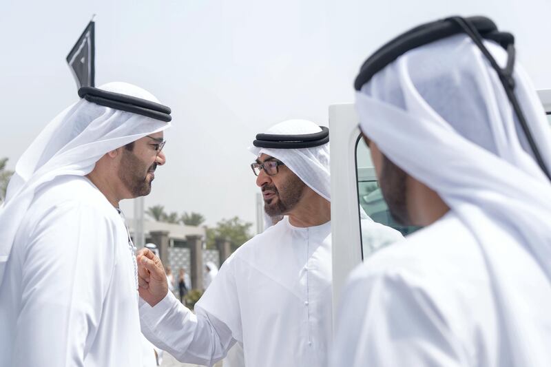 DUBAI, UNITED ARAB EMIRATES -September 17, 2017: HH Sheikh Mohamed bin Zayed Al Nahyan Crown Prince of Abu Dhabi Deputy Supreme Commander of the UAE Armed Forces (R), speaks with HE Mohamed Abdulla Al Gergawi UAE Minister of Cabinet Affairs and the Future (L), during a visit to Dubai Model for Government Services at Emirates Tower.

( Rashed Al Mansoori / Crown Prince Court - Abu Dhabi )
---