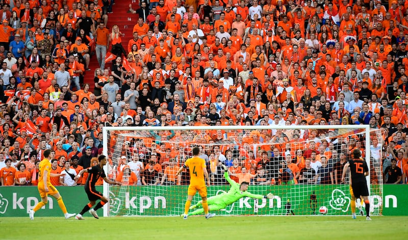 Netherlands' Cody Gakpo scores their second goal. Reuters