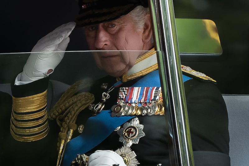 King Charles drives past Wellington Arch during the funeral