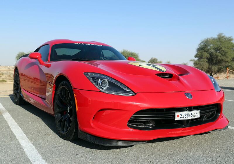 Dubai, United Arab Emirates - January 6th, 2018: A Dodge Viper at the meeting of the Supercars Club Arabia. Saturday, January 6th, 2018 at Bab Al Shams Desert Resort & Spa, Dubai. Chris Whiteoak / The National