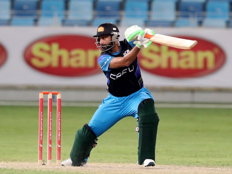 Dubai, United Arab Emirates - Reporter: Paul Radley. Sport. Cricket. Blue's Kashif Daud bats during the game between ECB Blues and Fujairah in the final of the Emirates D10. Friday, August 7th, 2020. Dubai. Chris Whiteoak / The National