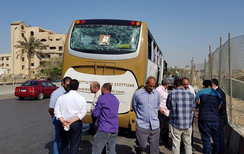 A damaged bus is seen at the site of a blast near a new museum being built close to the Giza pyramids in Cairo, Egypt May 19, 2019. REUTERS/Sayed Sheasha  NO RESALES. NO ARCHIVES