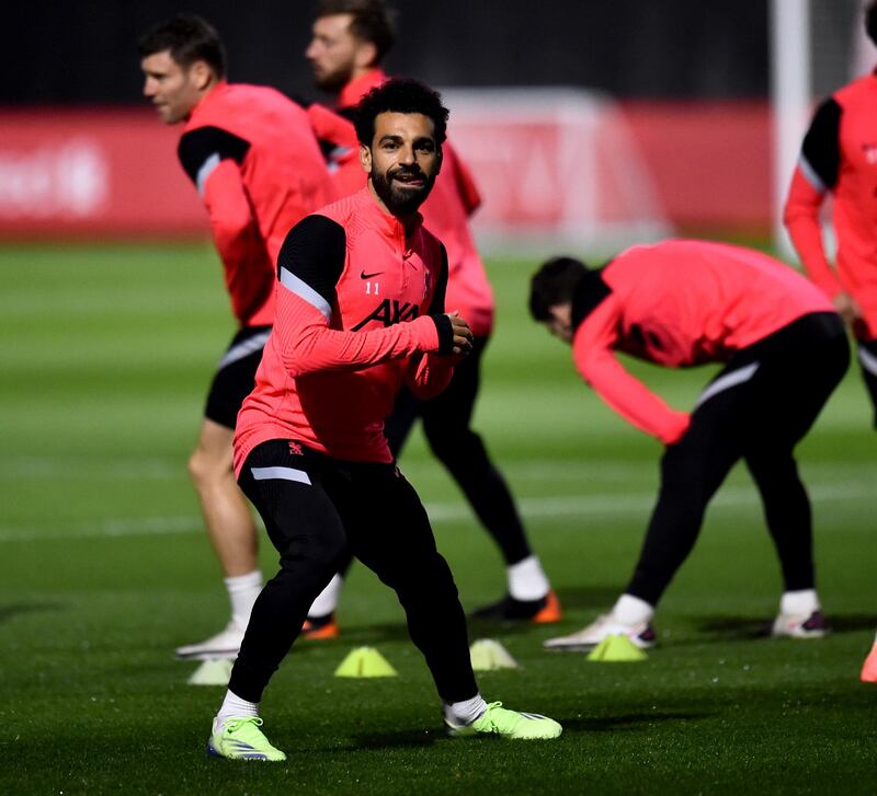 KIRKBY, ENGLAND - NOVEMBER 24: (THE SUN OUT, THE SUN  ON  SUNDAY OUT) Mohamed Salah of Liverpool during a training session ahead of the UEFA Champions League Group D stage match between Liverpool FC and Atalanta BC at AXA Training Centre on November 24, 2020 in Kirkby, England. (Photo by Andrew Powell/Liverpool FC via Getty Images)