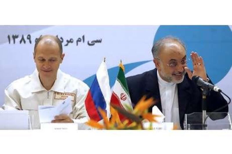 Ali Akbar Salehi, the Iranian atomic chief, right, and Sergei Kiriyenko, the head of Russia's Rosatom.