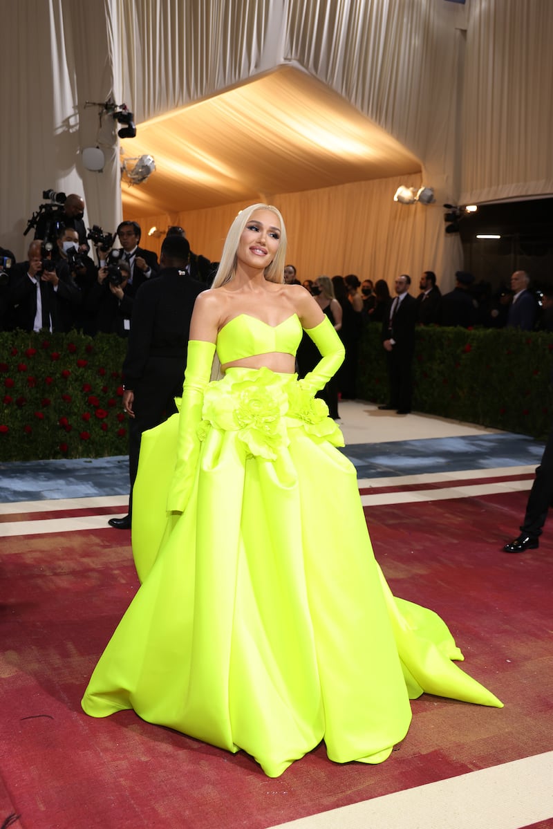 Gwen Stefani, wearing neon yellow Vera Wang. EPA 