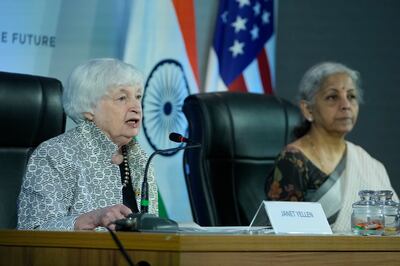 US Treasury Secretary Janet Yellen, left, and India’s Finance Minister Nirmala Sitharaman at the meeting in Gandhinagar on Monday. AP
