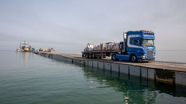 An aid lorry on the US-built Trident pier off the Gaza Strip on Sunday. US Army Central / Reuters