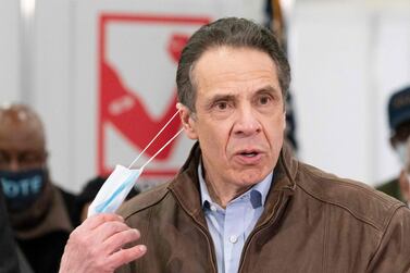 Governor Andrew Cuomo speaks during a visit to a Covid-19 vaccination site, March 15, 2021.  AFP / POOL