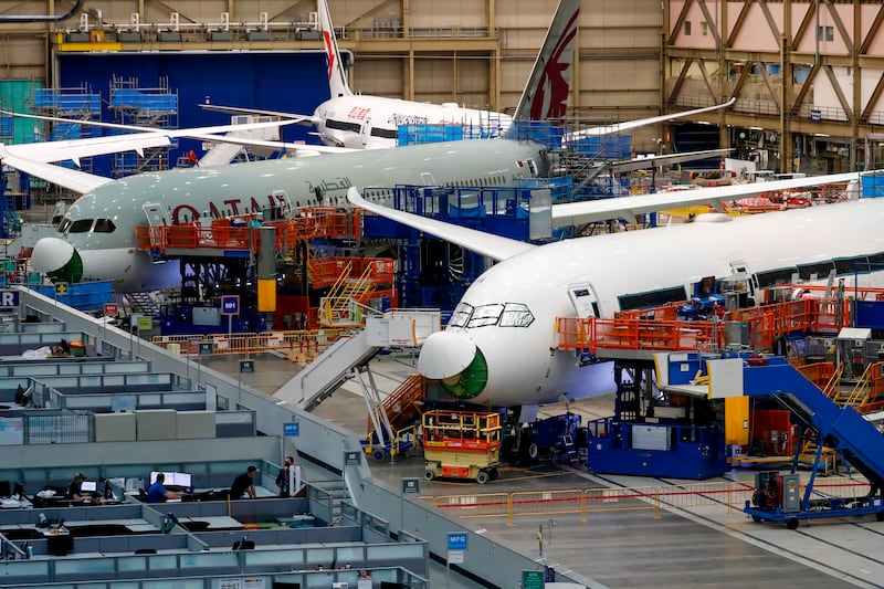Boeing 787 aircraft undergo checks at the Everett Production Facility in Washington state. AP