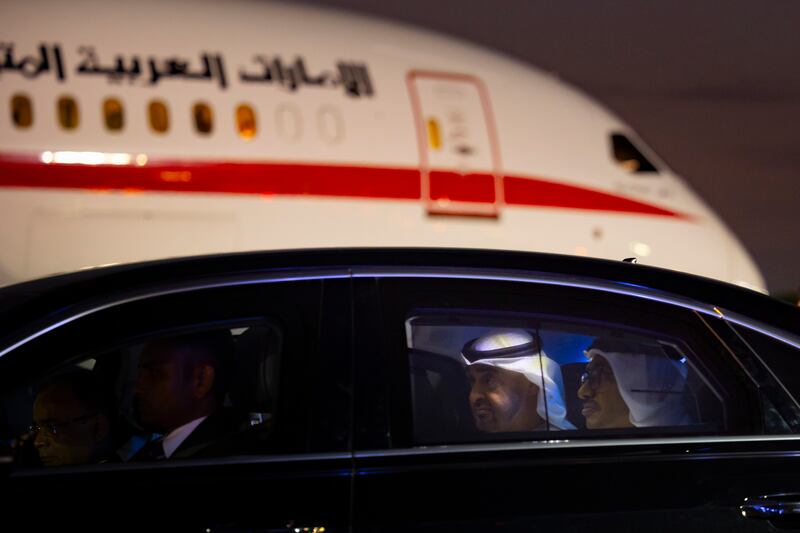 UAE President Sheikh Mohamed and Sheikh Abdullah bin Zayed, Minister of Foreign Affairs, arrive in New Delhi for the G20 summit. Ryan Carter / UAE Presidential Court