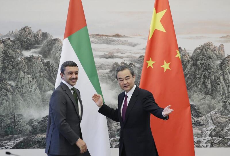 Sheikh Abdullah bin Zayed, Minister of Foreign Affairs and International Co-operation, meets China’s foreign minister Wang Yi, last year in Beijing. Jason Lee / Getty 