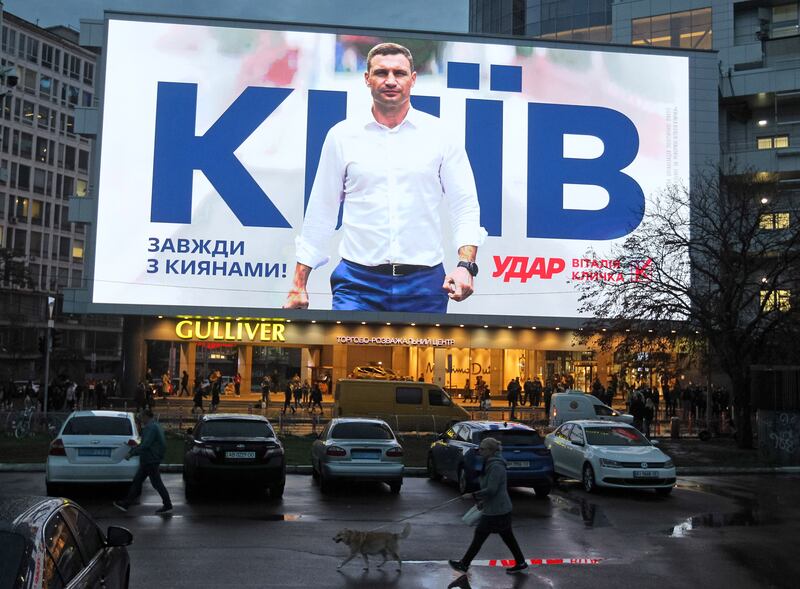 A huge screen shows an election campaign advertisement for Klitschko before local elections last year. Getty Images
