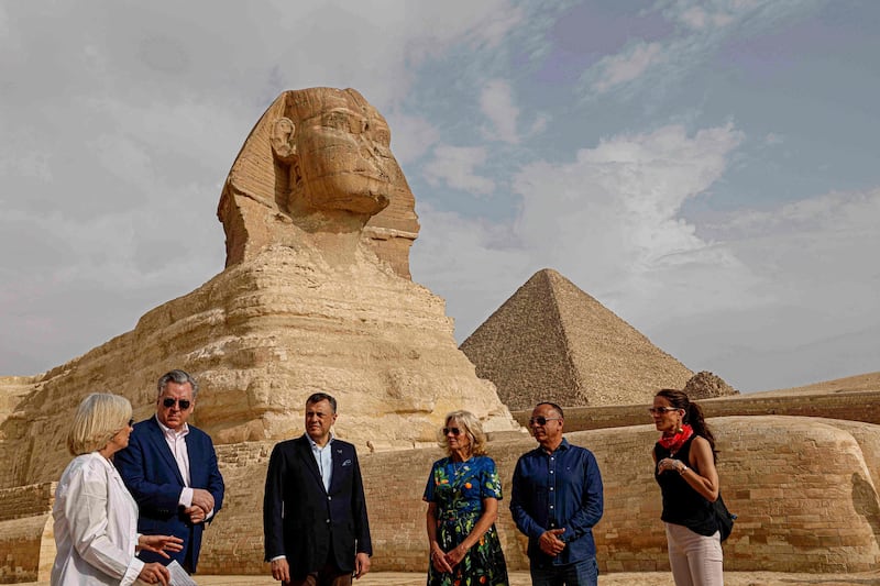 US ambassador John Desrocher (2nd-L), Egypt's Minister of Tourism and Antiquities Ahmed Issa (3rd-L), US First Lady Jill Biden and her daughter Ashley alongside head of Egypt's Supreme Council of Antiquities Mostafa Waziri, visit the  the Giza Pyramids plateau on the outskirts of Cairo on June 3, 2023.  (Photo by Khaled DESOUKI  /  AFP)