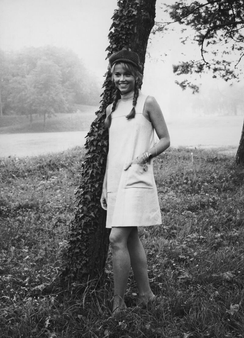 Jane Fonda, in a box-shaped dress and baker-boy hat, in October 1966