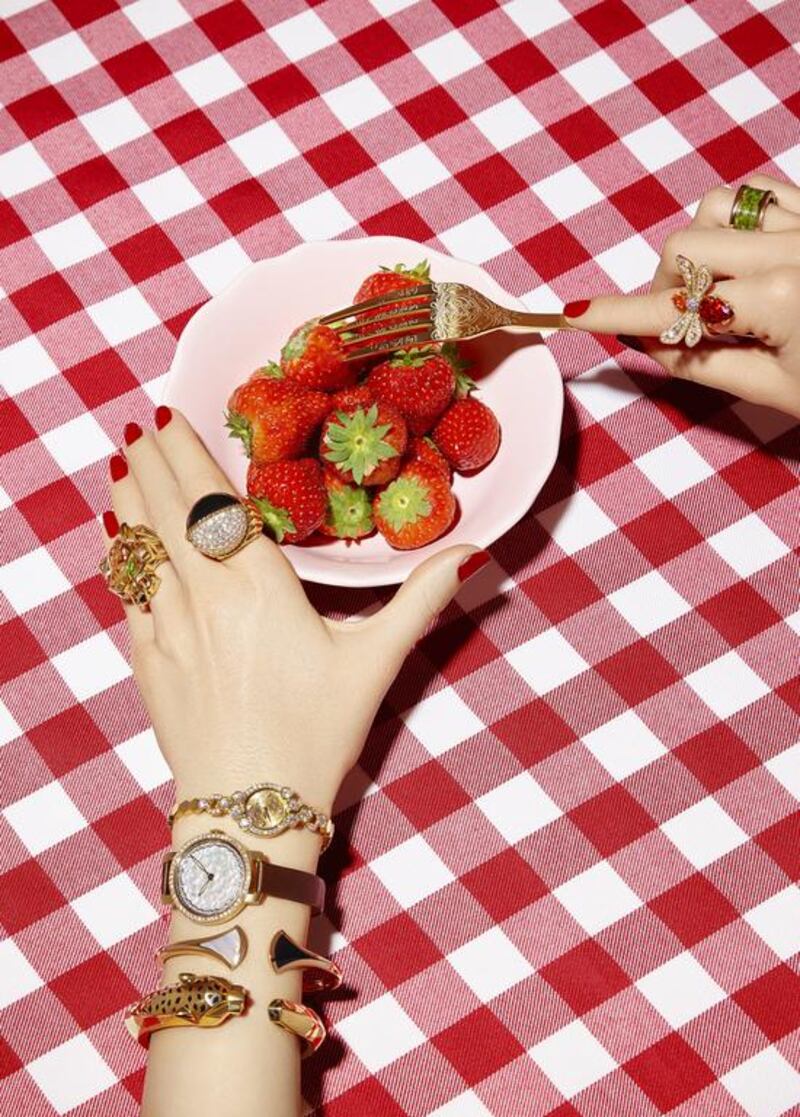 From left, Panthère de Cartier bracelet, Dh124,000, Cartier. Diva bracelet, Dh22,900, Bvlgari. Hortensia watch, Dh102,100, Chaumet. Bee my Love watch, Dh229,700, Chaumet. Panthère de Cartier ring, Dh70,000, Cartier. Paris Nouvelle Vague ring, Dh170,000, Cartier. Abeille ring, Dh204,600, Chaumet. B.Zero1 ring, Dh5,400, Bvlgari.