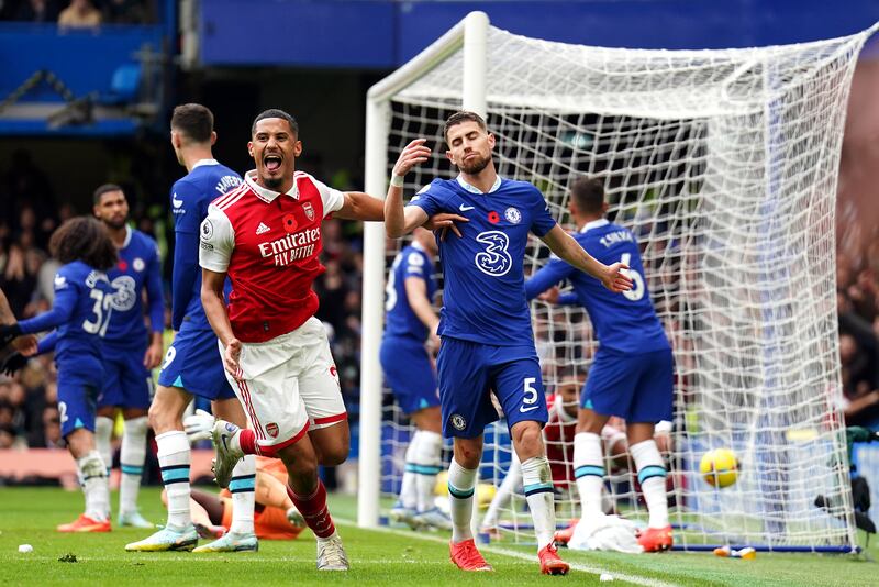 William Saliba celebrates after Gabriel's goal for Arsenal that earned his team victory against Chelsea in the Premier League game at Stamford Bridge on November 6, 2022. PA