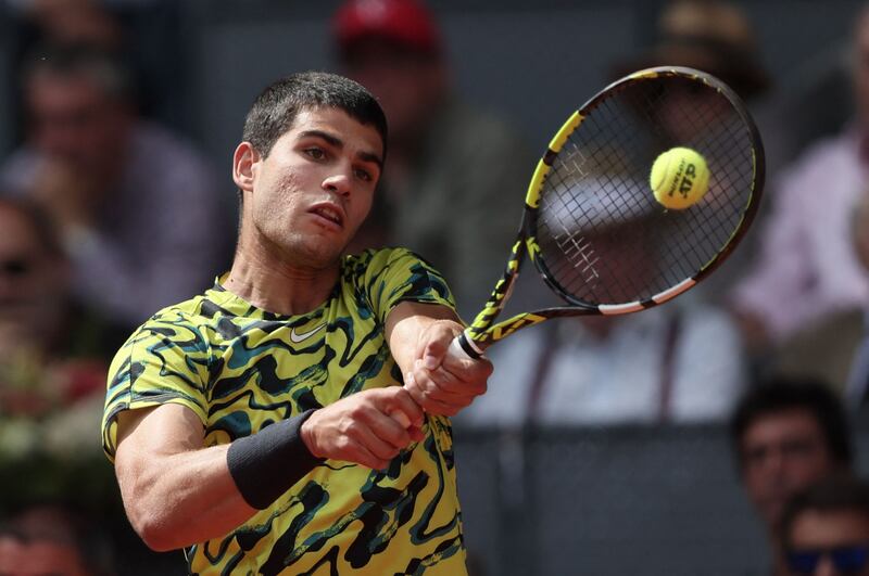 Carlos Alcaraz during his three-set win over Karen Khachanov at the Madrid Masters on May 3, 2023. AFP