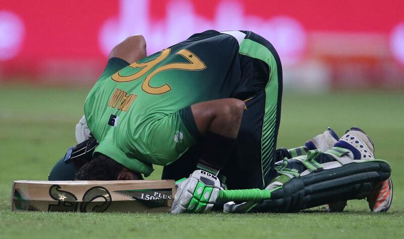 Pakistan's Imam Haq prays after reaching his century during their third ODI cricket match against Sri Lanka in Abu Dhabi, United Arab Emirates, Wednesday, Oct. 18, 2017. (AP Photo/Kamran Jebreili)