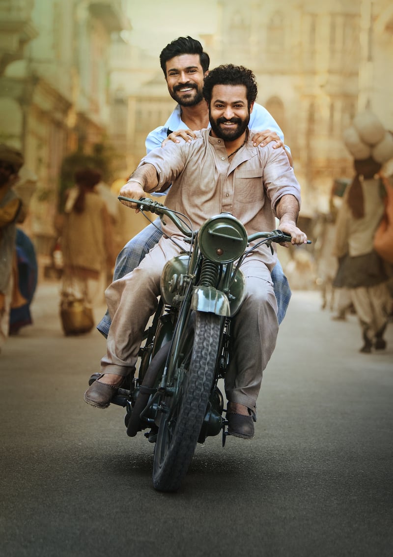 NTR Jr and Ram Charan. The Telugu stars play real-life Indian revolutionaries - Komaram Bheem and Alluri Sitarama Raju, respectively