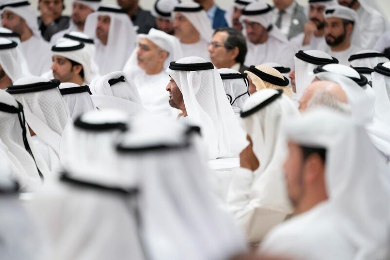 ABU DHABI, UNITED ARAB EMIRATES - May 13, 2019: HH Sheikh Mohamed bin Zayed Al Nahyan, Crown Prince of Abu Dhabi and Deputy Supreme Commander of the UAE Armed Forces (C), attends a lecture by Dr Beau Lotto (not shown) titled 'The Science of Innovation: Becoming Naturally Adaptable', at Majls Mohamed bin Zayed. 

( Eissa Al Hammadi / Ministry of Presidential Affairs )
---