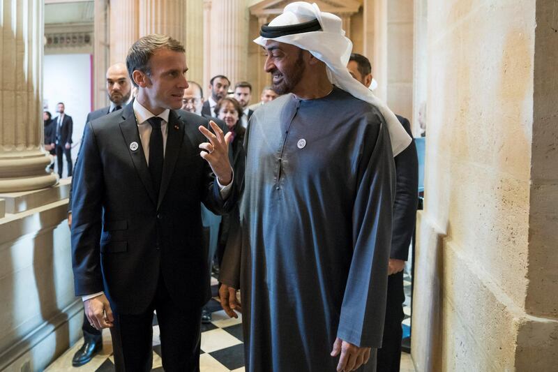 PARIS, FRANCE -November 21, 2018: HH Sheikh Mohamed bin Zayed Al Nahyan, Crown Prince of Abu Dhabi and Deputy Supreme Commander of the UAE Armed Forces (R) is received by HE Emmanuel Macron, President of France (L), commencing a business visit.

( Mohamed Al Hammadi / Ministry of Presidential Affairs )
---