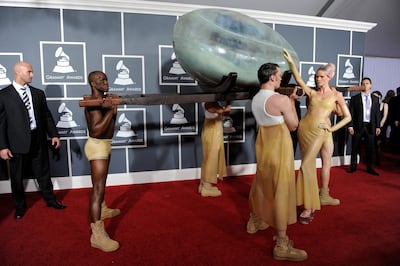 epa02581531 US musician Lady Gaga arrives in an egg with her entourage for the 53rd Annual GRAMMY Awards at Staples Center in Los Angeles, California, USA 13 February 2011.  EPA/MIKE NELSON