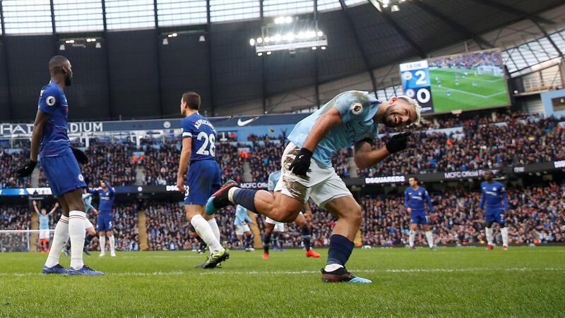 Sergio Aguero celebrates his hat-trick for Manchester City. Action Images via Reuters / Carl Recine