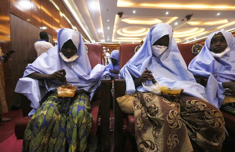 Girls who were kidnapped from a boarding school in the northwest Nigerian state of Zamfara, are seen after their release in Zamfara, Nigeria. Reuters
