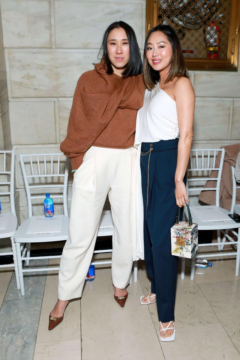 NEW YORK, NEW YORK - FEBRUARY 10: Eva Chen and Amy Song attends the  Oscar De La Renta show during New York Fashion Week on February 10, 2020. AFP