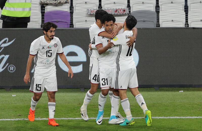 Al Jazira v Auckland City FC at Hazza Bin Zayed Stadium, Al Ain City, UAE, in the Fifa Club World Cup play-off, 2017. Al Jazira’s Romarinho celebrates scoring their first goal with team mates. Reuters