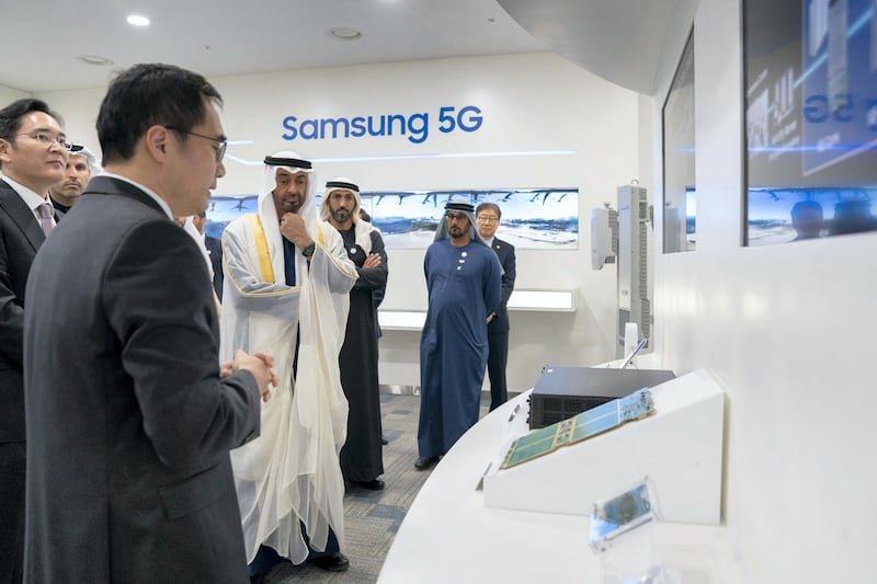 HWASEONG CITY, REPUBLIC OF KOREA (SOUTH KOREA) - February 26, 2019: HH Sheikh Mohamed bin Zayed Al Nahyan, Crown Prince of Abu Dhabi and Deputy Supreme Commander of the UAE Armed Forces (3rd R) tours the Samsung Electronics Semiconductor Research and Development Centre. Seen with HE Hussain Ibrahim Al Hammadi, UAE Minister of Education (R) and HE Mohamed Mubarak Al Mazrouei, Undersecretary of the Crown Prince Court of Abu Dhabi (2nd R).

( Mohamed Al Hammadi / Ministry of Presidential Affairs )
---