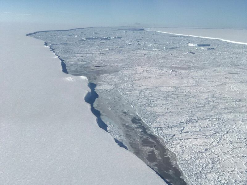 The edge of Larsen C Ice Shelf, left, and the western edge of iceberg A68 in the distance over the Antarctic in November 2017. The iceberg detached from the ice shelf in July 2017, becoming one of the largest in recorded history to split off from Antarctica. AFP