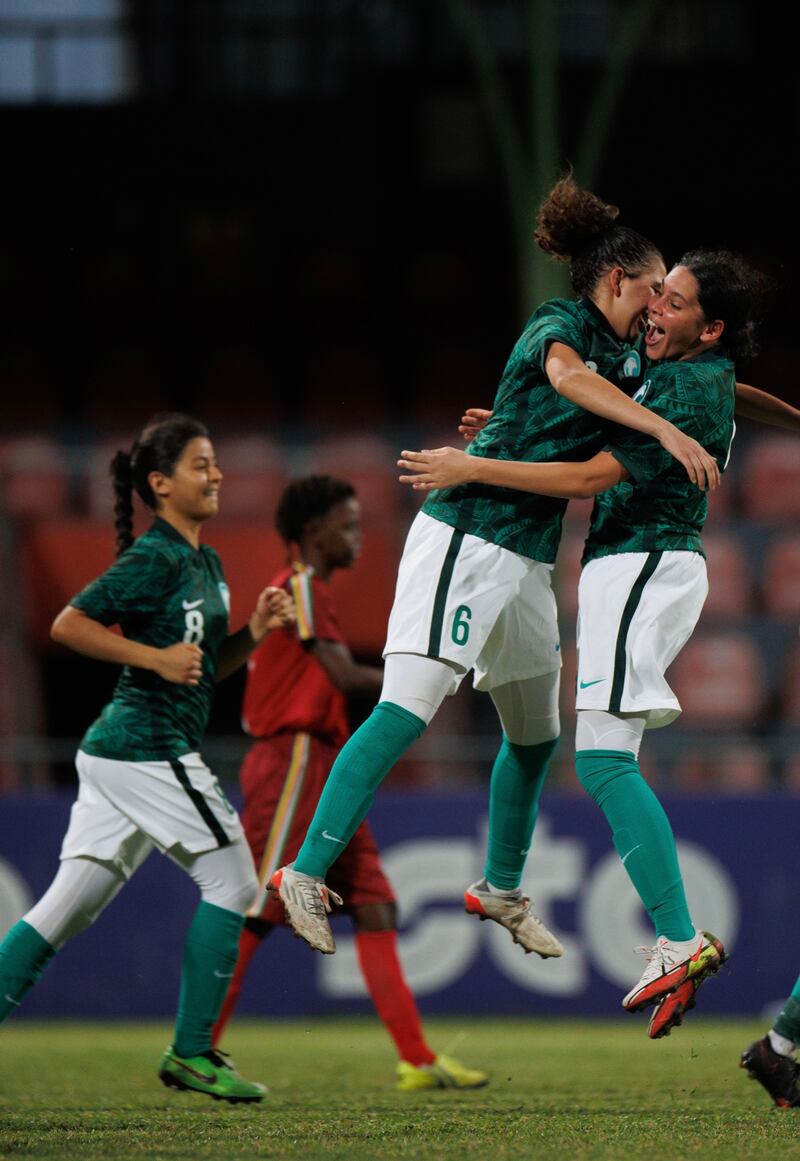 Saudi Arabia women’s team celebrate winning their first international match, against Seychelles. Photo: SAFF