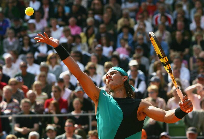 HAMBURG, GERMANY - MAY 20:  Rafael Nadal of Spain in action during the final match against Roger Federer of Switzerland during day seven of the Tennis Masters Series Hamburg at Rothenbaum Tennis Centre on May 20, 2007 in Hamburg, Germany.  (Photo by Stuart Franklin/Bongarts/Getty Images)