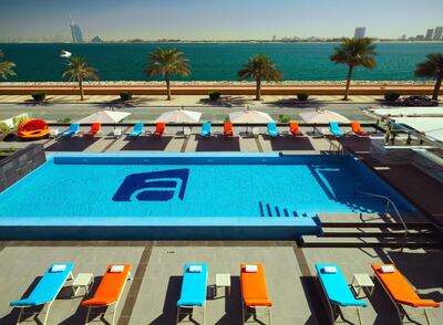 The hotel's infinity pool offers panoramic ocean views. Aloft Palm Jumeirah