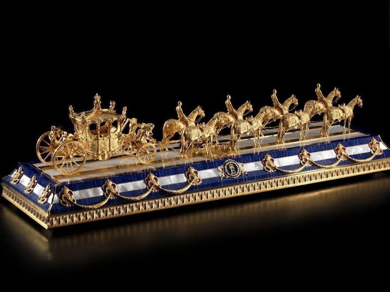 A model of the gold state coach, a gift to Queen Elizabeth II from Sultan Qaboos bin Said for her diamond jubilee in 2012. Photo: Hermitage Bespoke