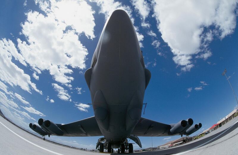 nose of a USAF Boeing B-52 Stratofortress parked with clouds. (Photo by: aviation-images.com/UIG via Getty Images)